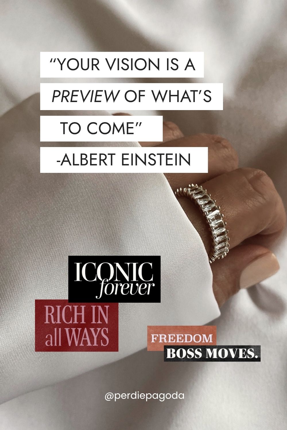 Close-up of diamond jewelry and blazer with manifestation quote about vision and future success, representing wealth mindset and identity-based vision board.