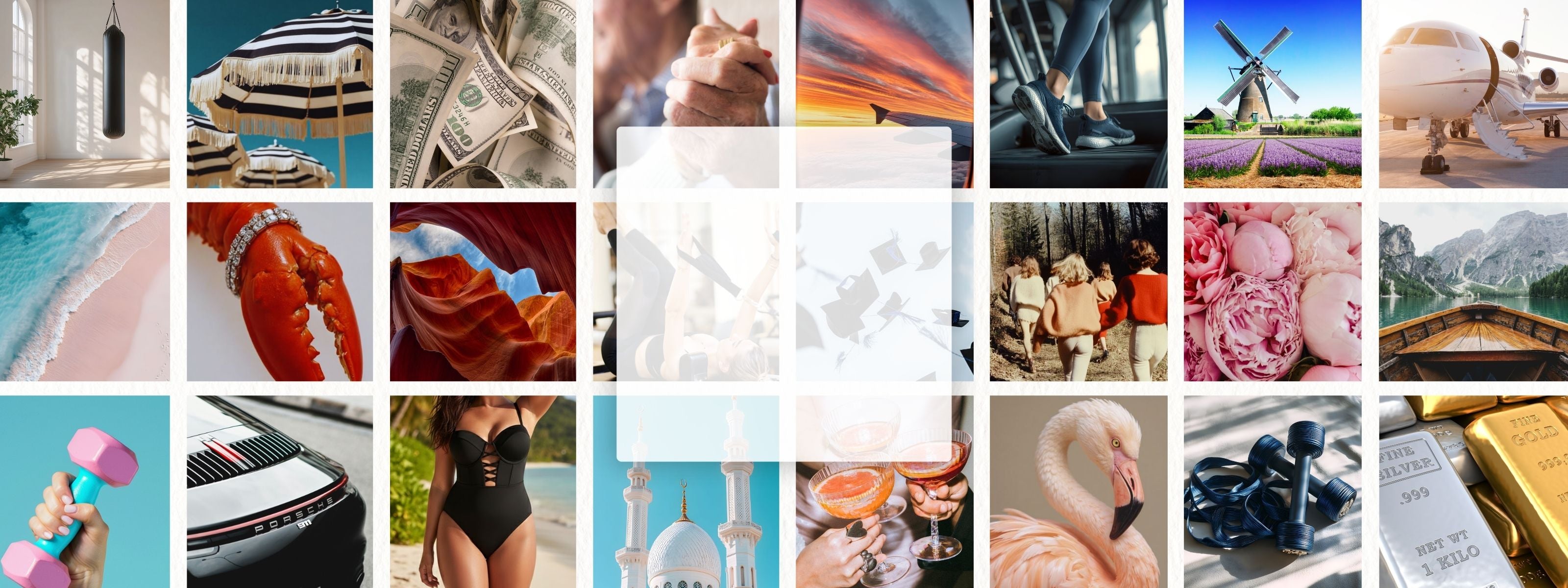 Curated lifestyle collage featuring wellness rituals, travel moments, financial abundance, movement, love, adventure, and elevated everyday experiences that represent aligned living across all life areas.