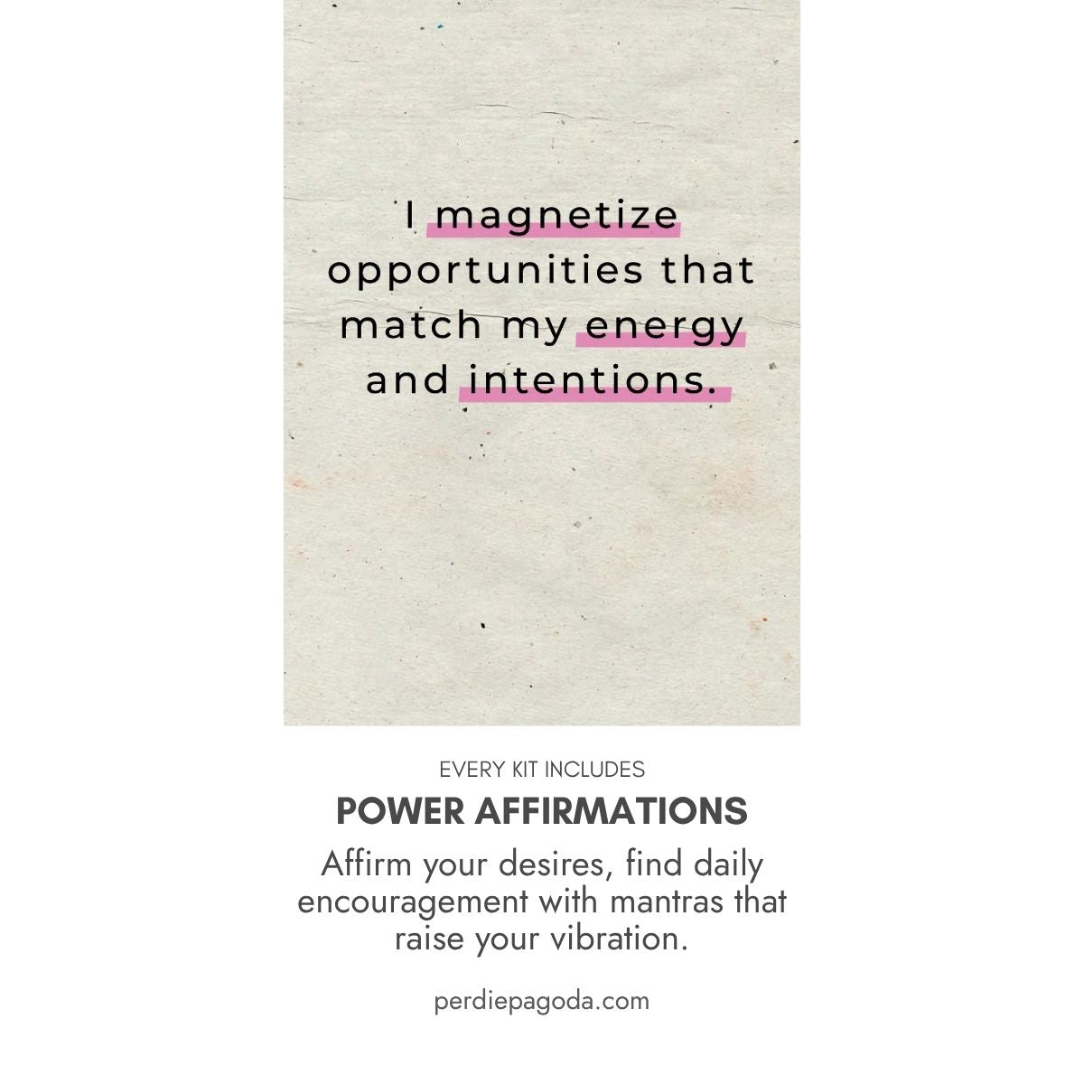 Minimal affirmation design stating “I magnetize opportunities that match my energy and intentions” on a textured neutral background with soft pink highlights.
