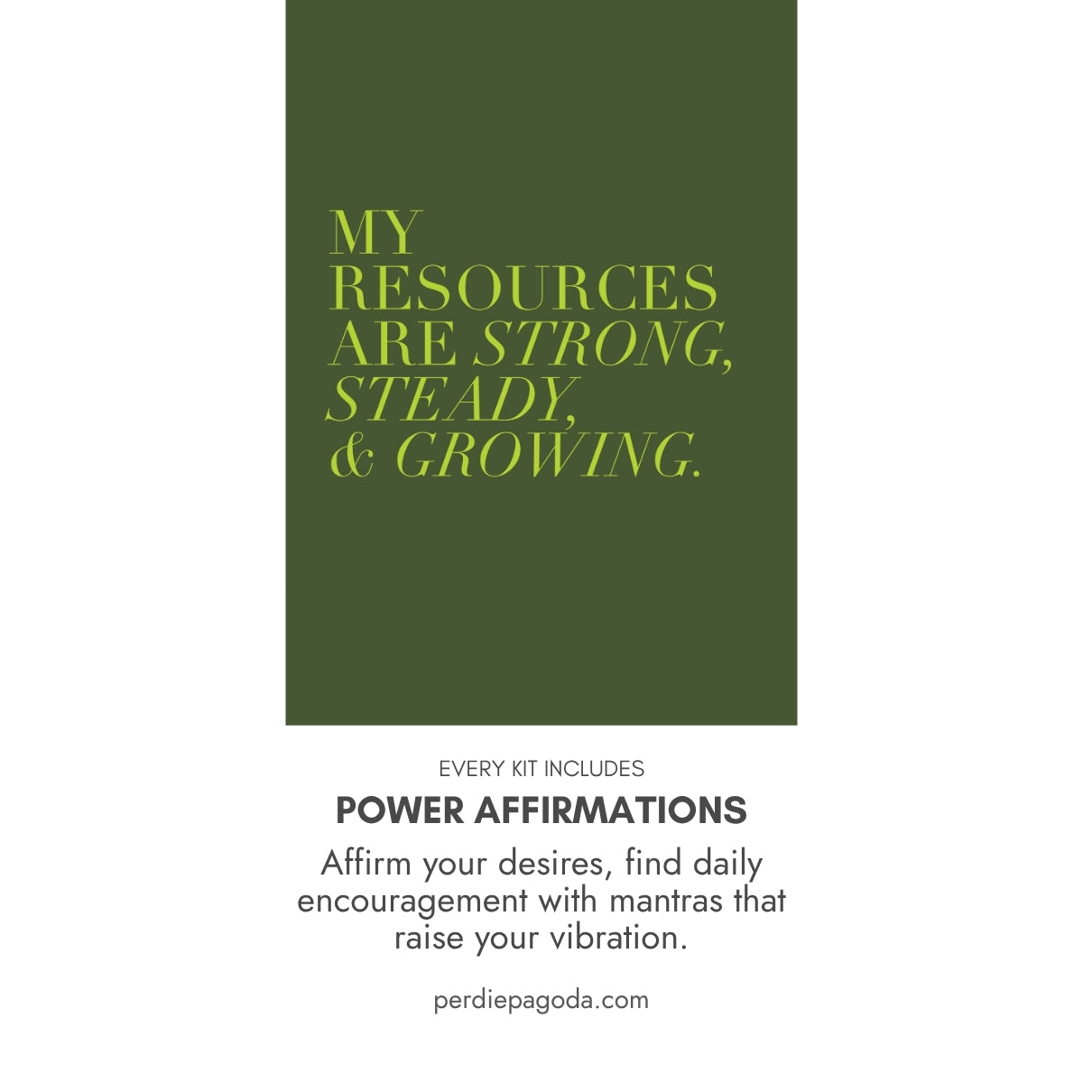 Minimal affirmation design reading “My resources are strong, steady, and growing,” representing financial stability, wealth mindset, and long-term money confidence.