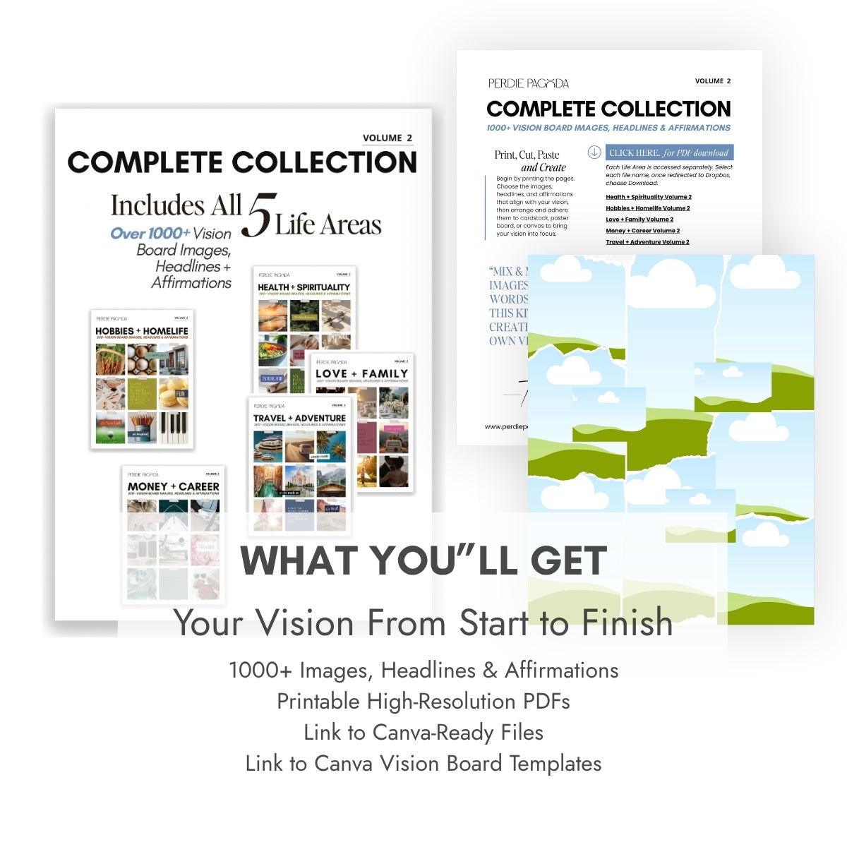 Perdie Pagoda Complete Collection Volume 2 includes five life area vision board kits with 1000+ images, headlines and affirmations, printable high-resolution PDFs, Canva-ready files and editable Canva vision board templates.