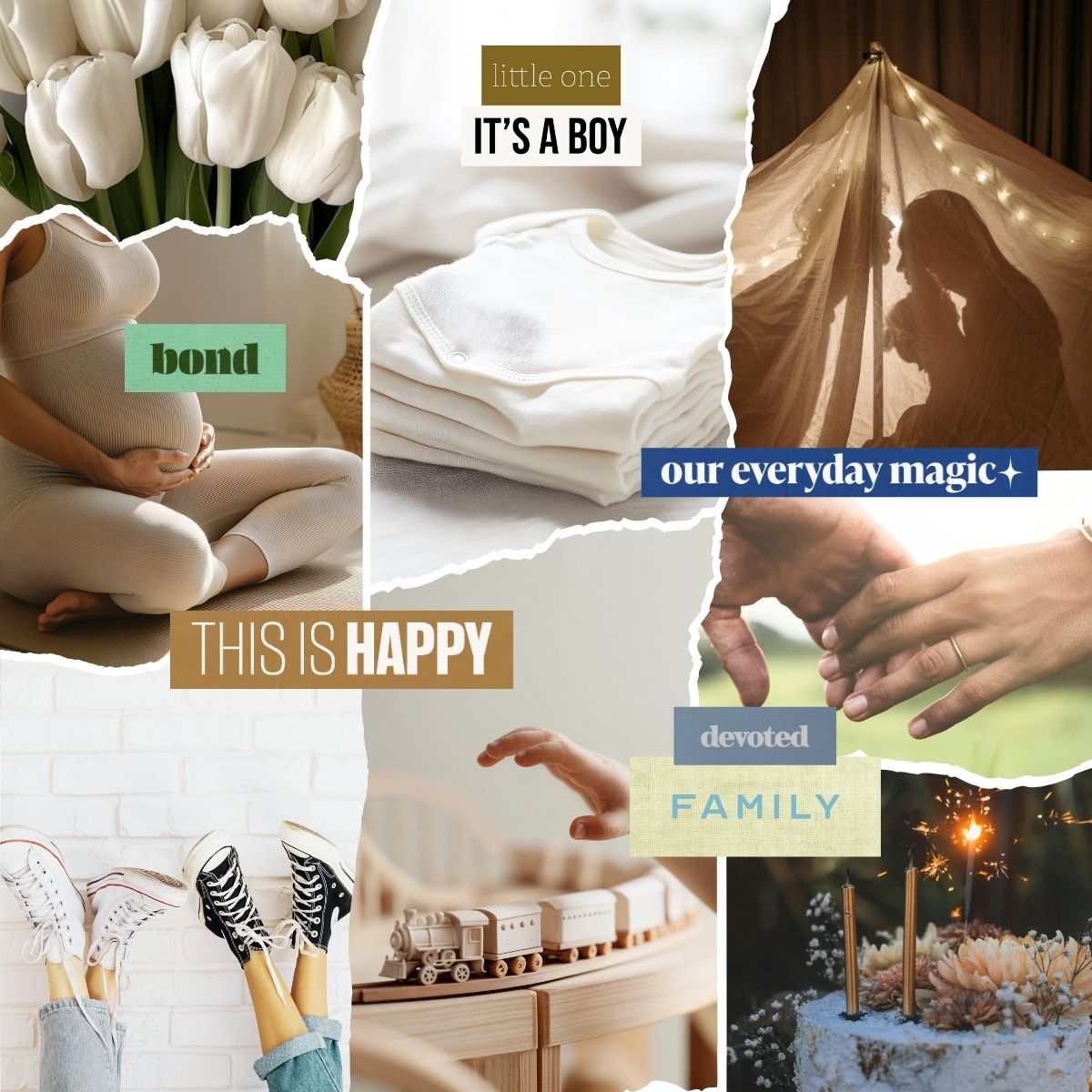 Vision board collage featuring family love baby motherhood and life milestones with affirmations about connection happiness and everyday moments.