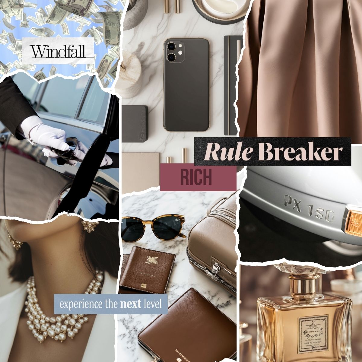 Vision board collage showing money windfalls, luxury accessories, perfume, pearls, technology, and phrases centered on wealth, richness, and breaking rules.