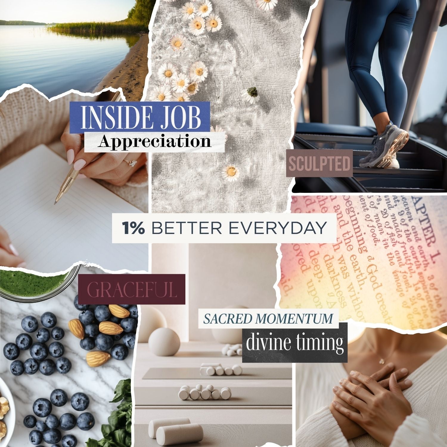 Calm fitness and spirituality vision board collage featuring movement, mindfulness, nourishment, and steady personal growth.
