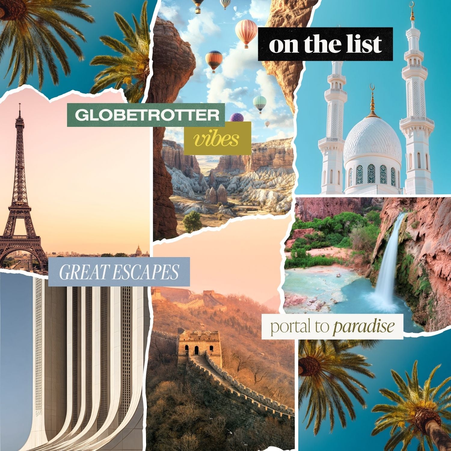Travel and Adventure vision board collage showcasing global landmarks, hot air balloons, waterfalls, and bucket list destinations, celebrating globetrotter energy and meaningful world exploration.