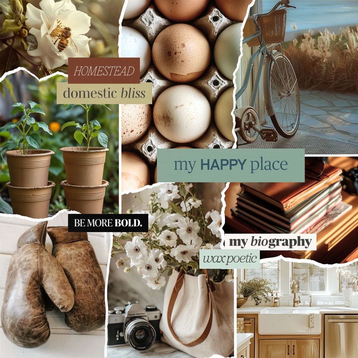 Vision board collage featuring home life, hobbies, and slow living with themes of homestead, creativity, reading, and personal growth.