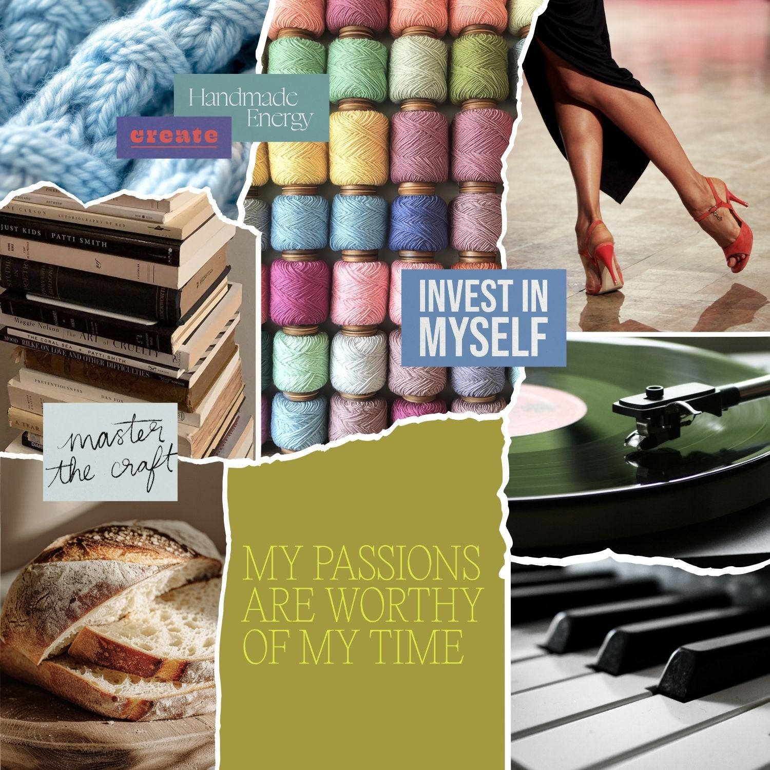 Vision board collage highlighting creative hobbies, handmade crafts, books, music, and affirmations about investing time in personal passions.
