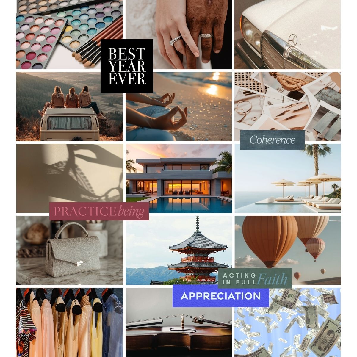 Vision board example from Perdie Pagoda complete collection featuring love, travel, luxury lifestyle, wealth, and personal growth imagery with affirmations like best year ever, acting in full faith, and appreciation.