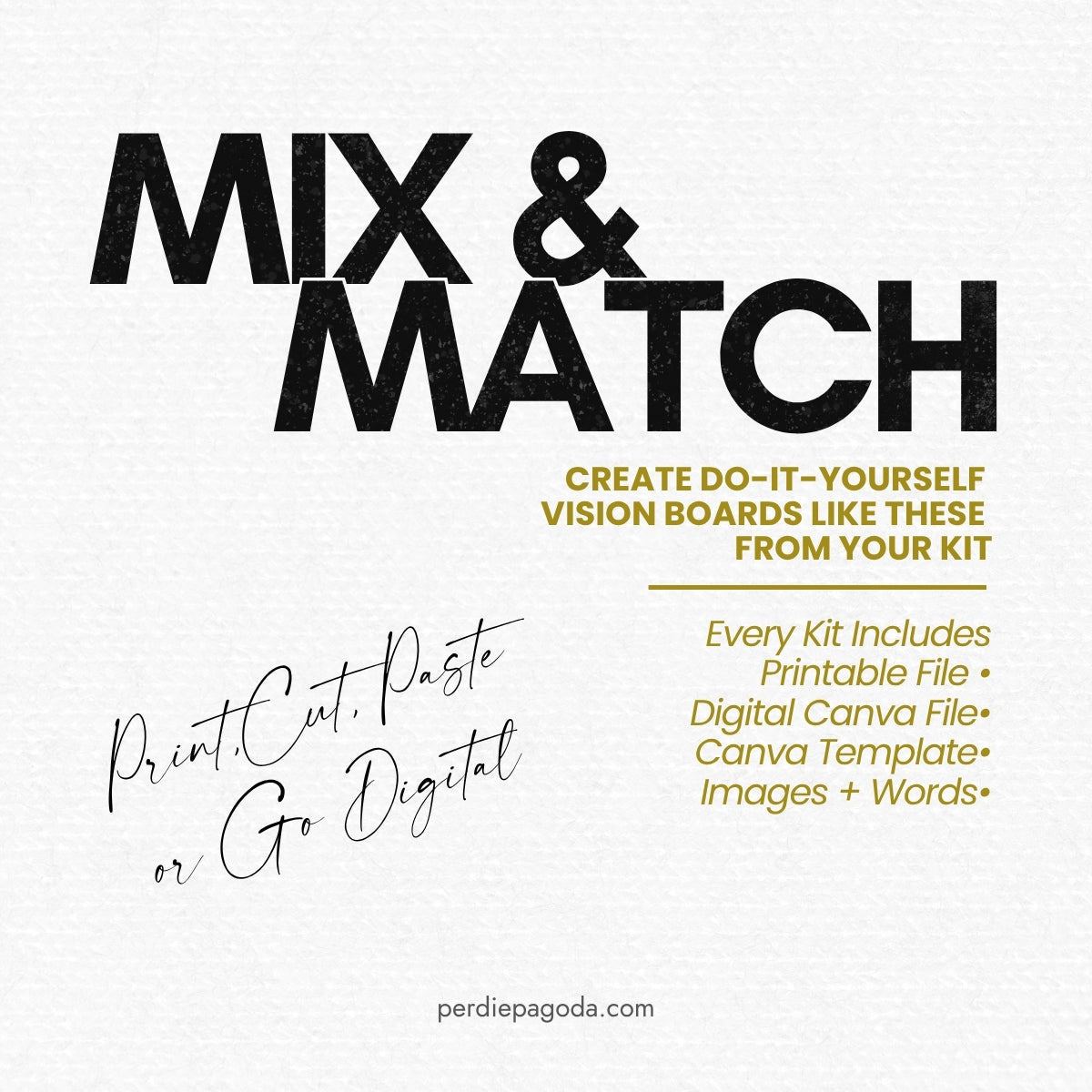 Perdie Pagoda volume one mix and match vision board kit examples cover page highlighting printable images and words for creating personalized vision boards.