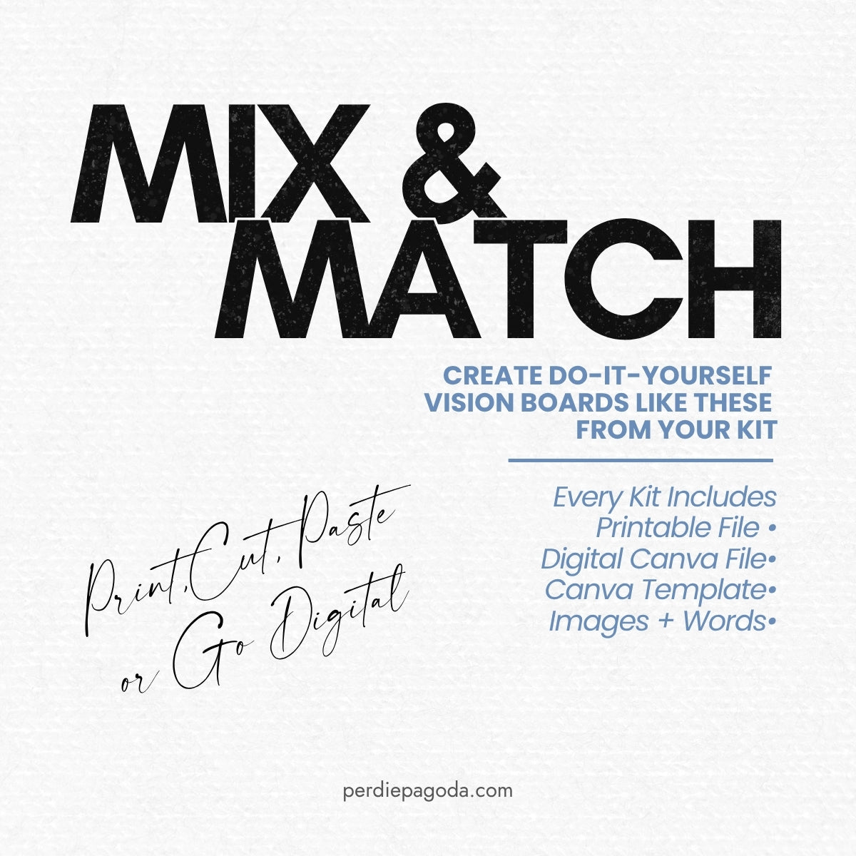Perdie Pagoda volume two mix and match vision board kit examples cover page featuring printable images and words for building custom manifestation and goal setting boards.