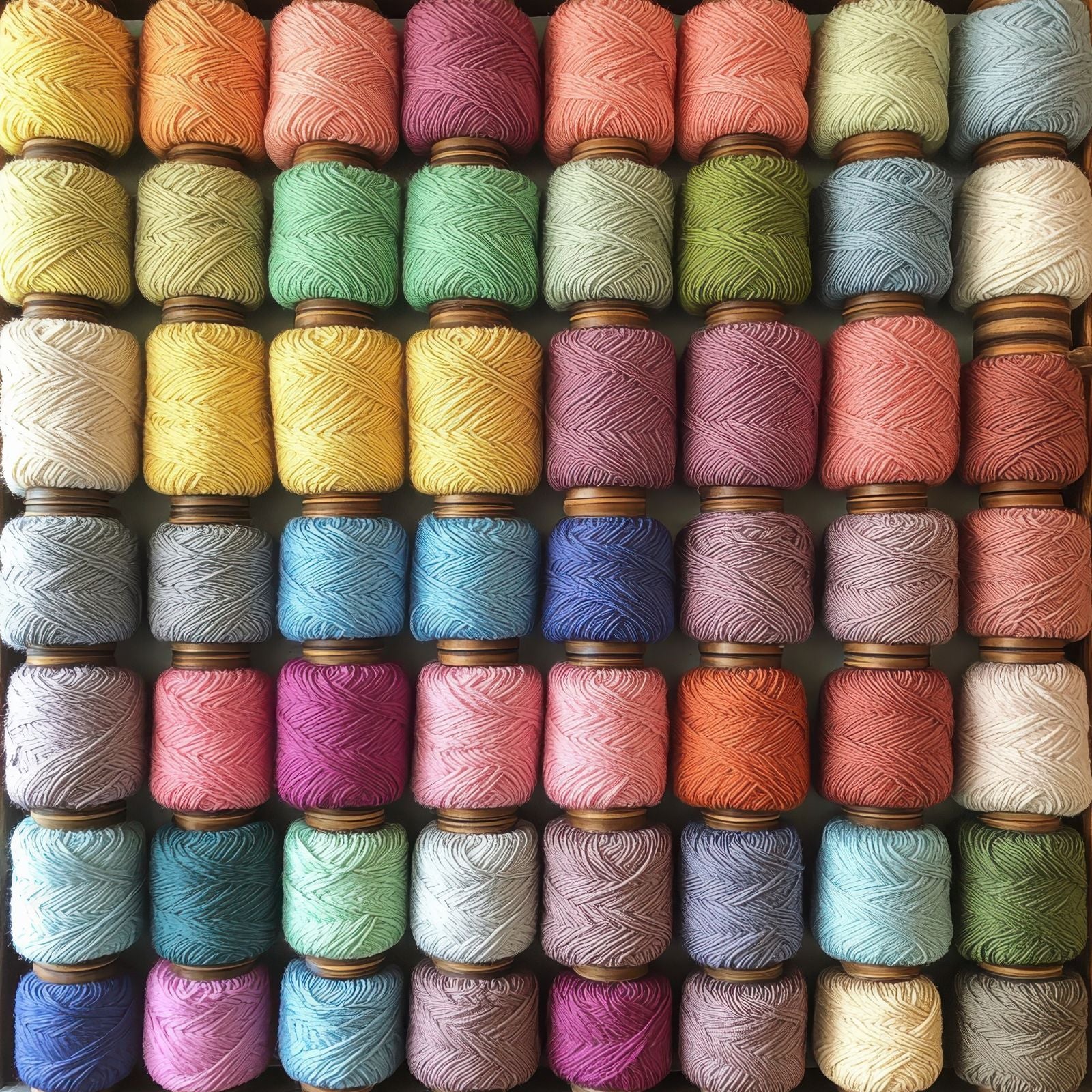 Colorful thread spools neatly arranged, representing creative hobbies, crafting, and artistic inspiration.