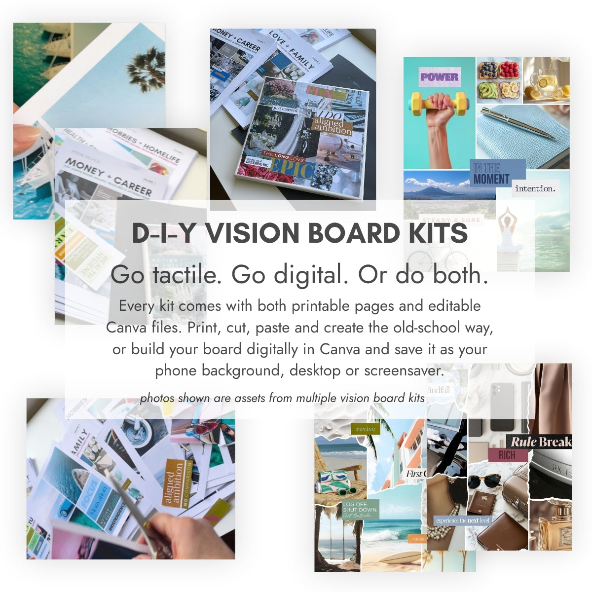Perdie Pagoda D-I-Y vision board kits featuring printable images, inspirational words and editable Canva files for creating physical or digital vision boards.
