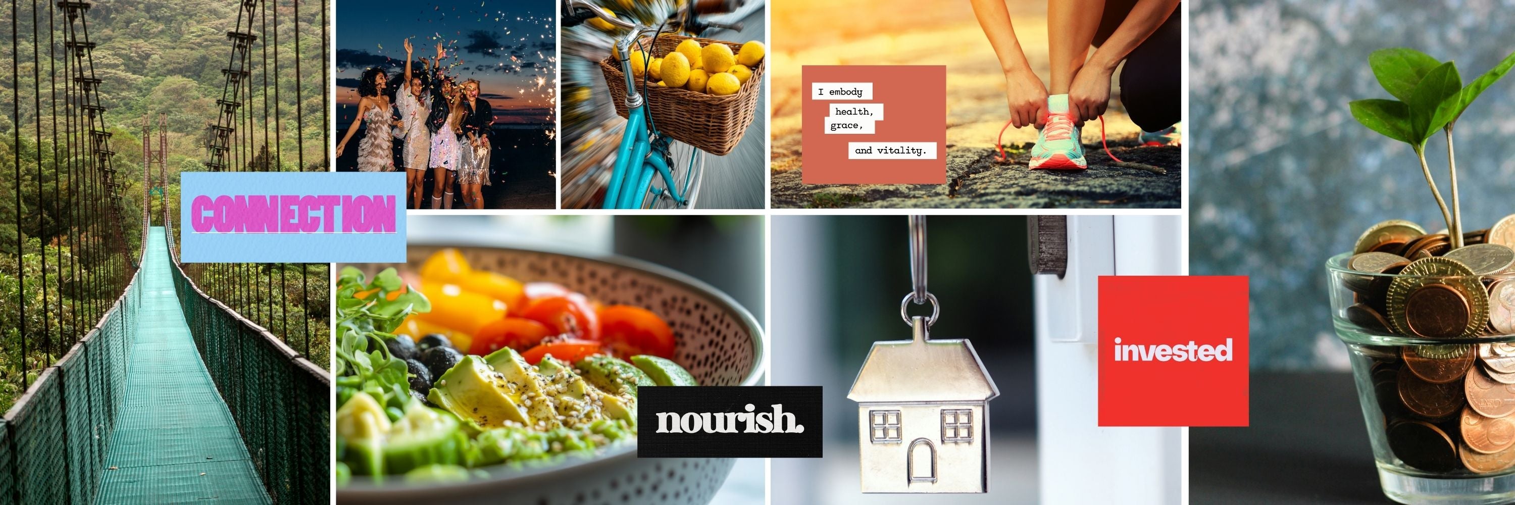 Editorial collage representing key life areas including connection, health, nourishment, movement, and financial growth within the Perdie Pagoda Complete Kit.