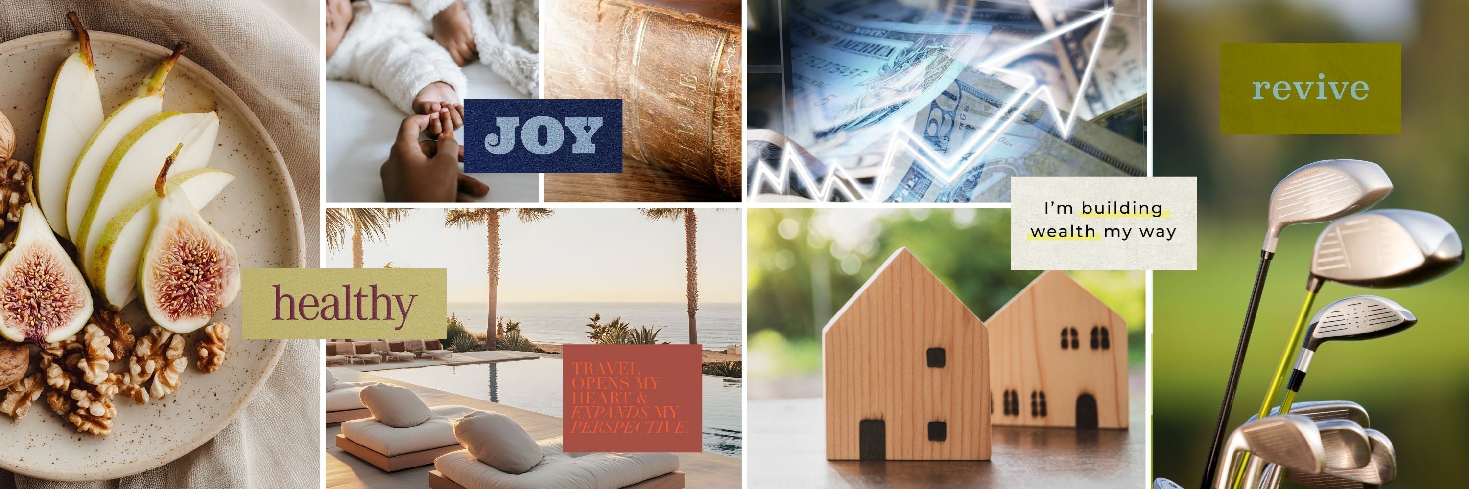 Editorial collage representing multiple life areas including health, joy, travel, wealth, home, and renewal within the Perdie Pagoda Kits collection.