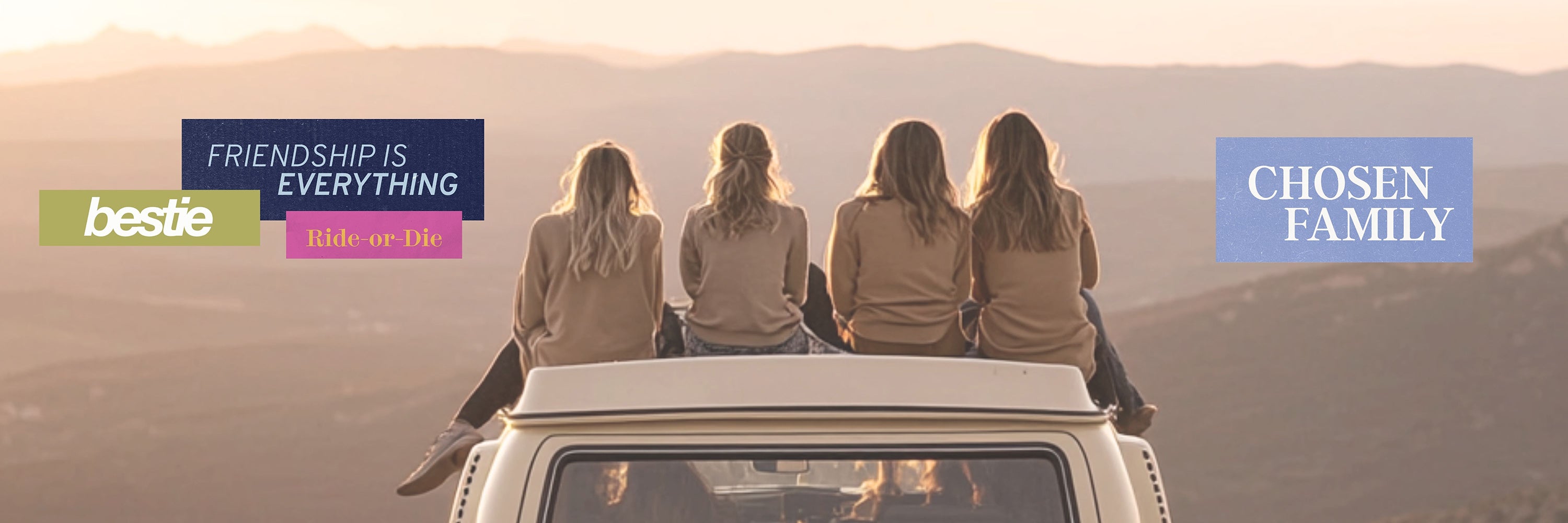 Friends sitting on top of a car overlooking a scenic view, representing chosen family, deep friendships, and emotional connection.