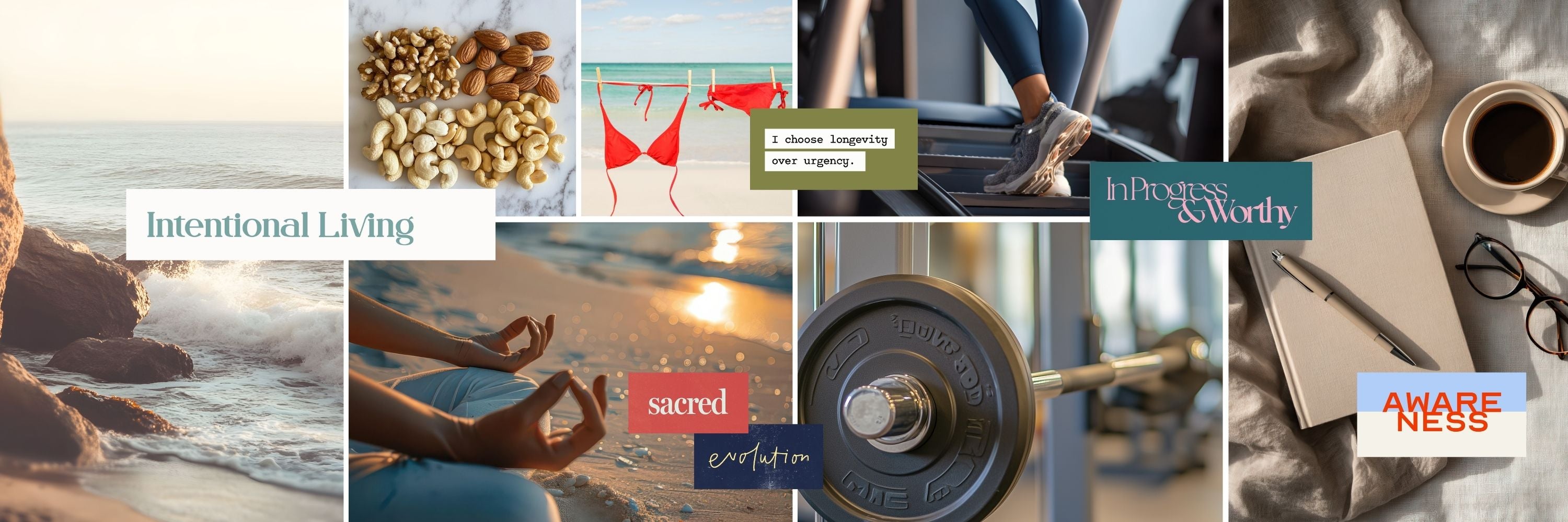 Editorial collage representing health and spirituality through intentional living, movement, nourishment, mindfulness, and personal growth within the Perdie Pagoda Health + Spirituality Kit.