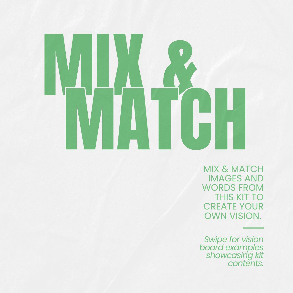 Mix and match instruction image for the Perdie Pagoda Health and Spirituality Volume Two vision board kit, showcasing a clean, modern layout that invites users to combine images and words to build a custom wellness and spiritual vision board.