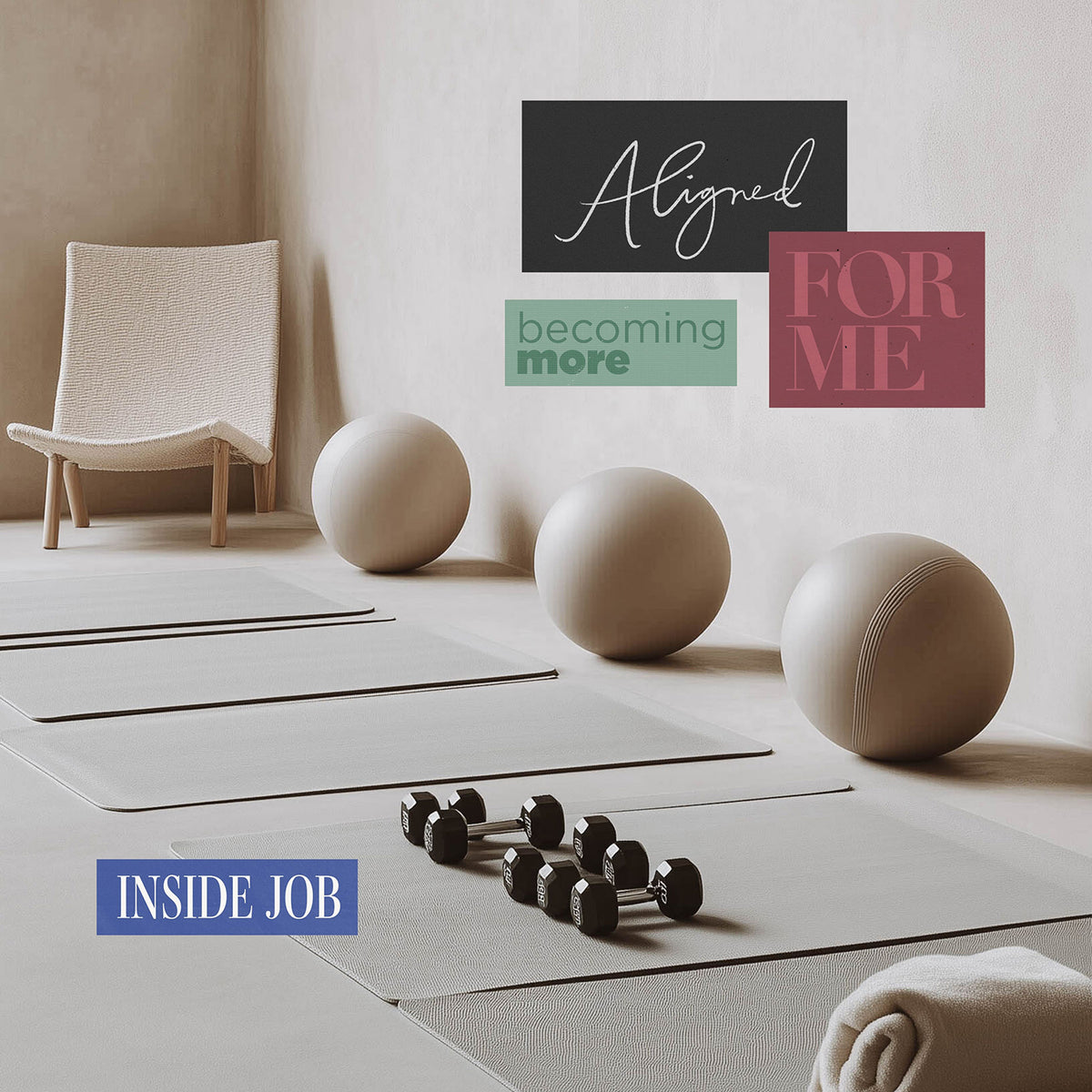 Minimal wellness space with yoga mats and soft neutral tones representing mindfulness, self care, and holistic health.
