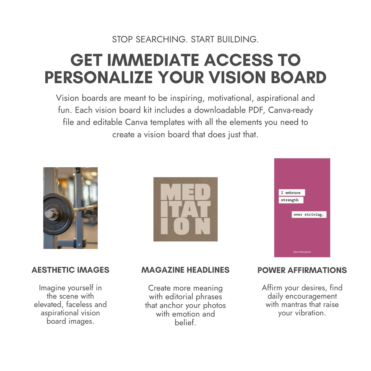 Perdie Pagoda Health + Spirituality Volume 1 vision board kit with instant digital access to aesthetic wellness images, motivational magazine headlines, power affirmations and editable Canva templates.