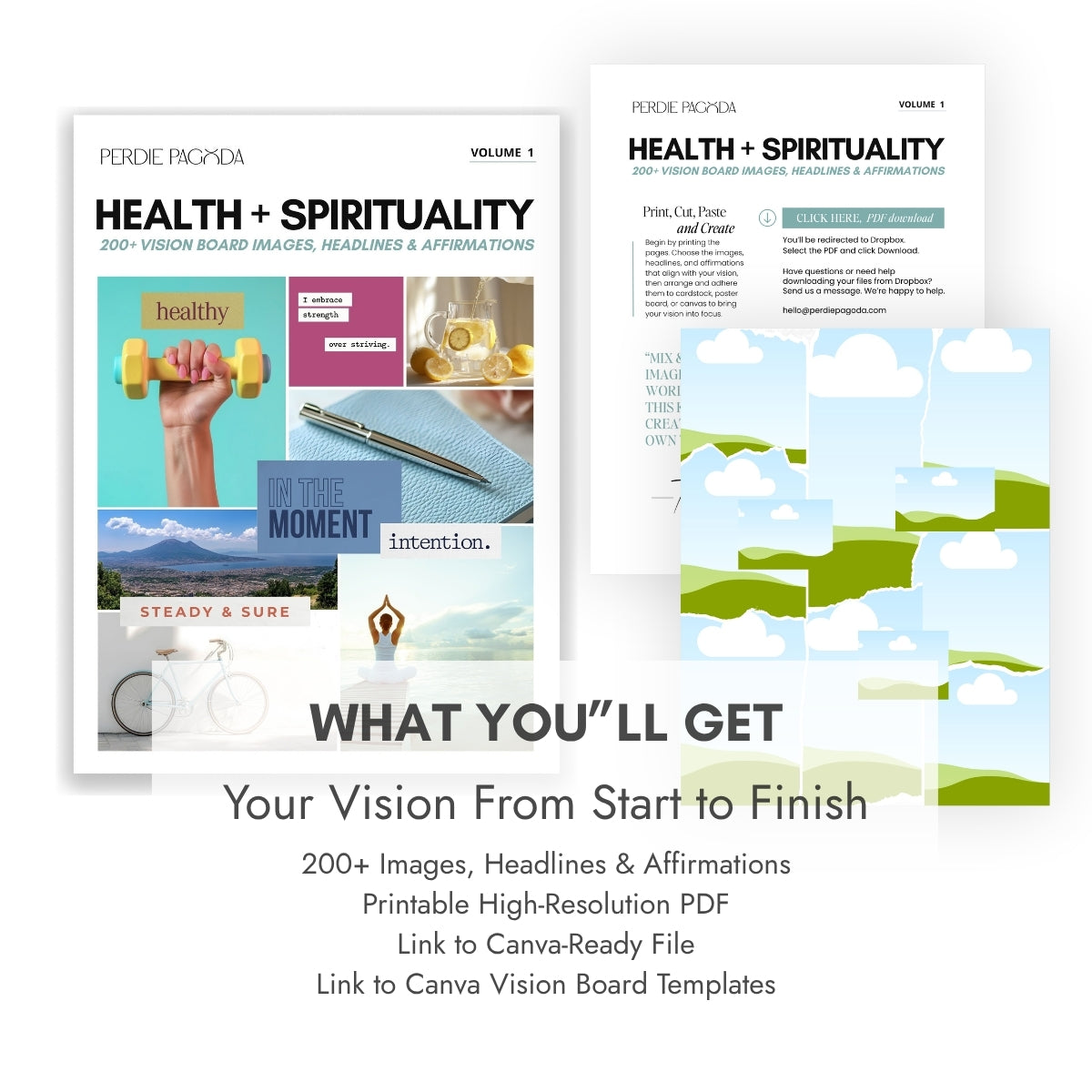 Perdie Pagoda Health + Spirituality Volume 1 D-I-Y vision board kit featuring 200+ images, headlines and affirmations, a printable high-resolution PDF, Canva-ready file and editable Canva vision board templates.