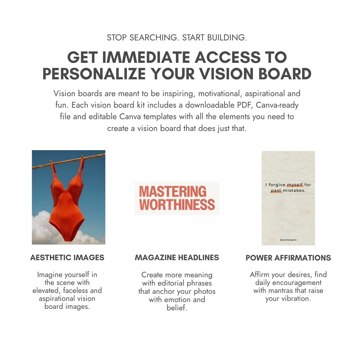 Perdie Pagoda Health + Spirituality Volume 2 vision board kit featuring aesthetic fitness images, inspirational magazine headlines and positive affirmations for wellness, self-worth and personal growth.