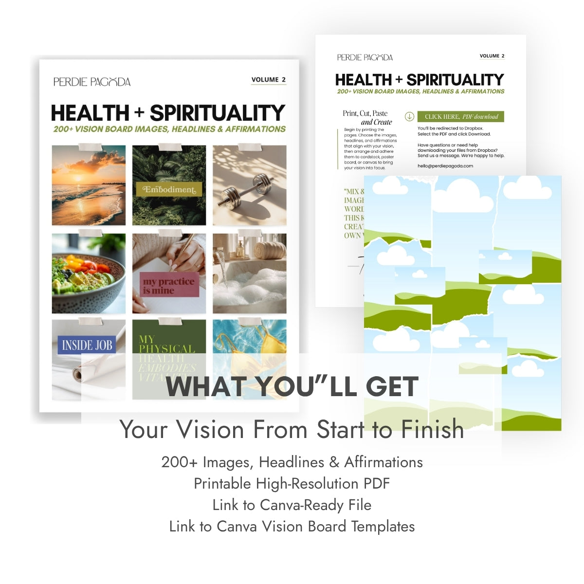 Perdie Pagoda Health + Spirituality Volume 2 D-I-Y vision board kit featuring 200+ images, headlines and affirmations, a printable high-resolution PDF, Canva-ready file and editable Canva vision board templates.