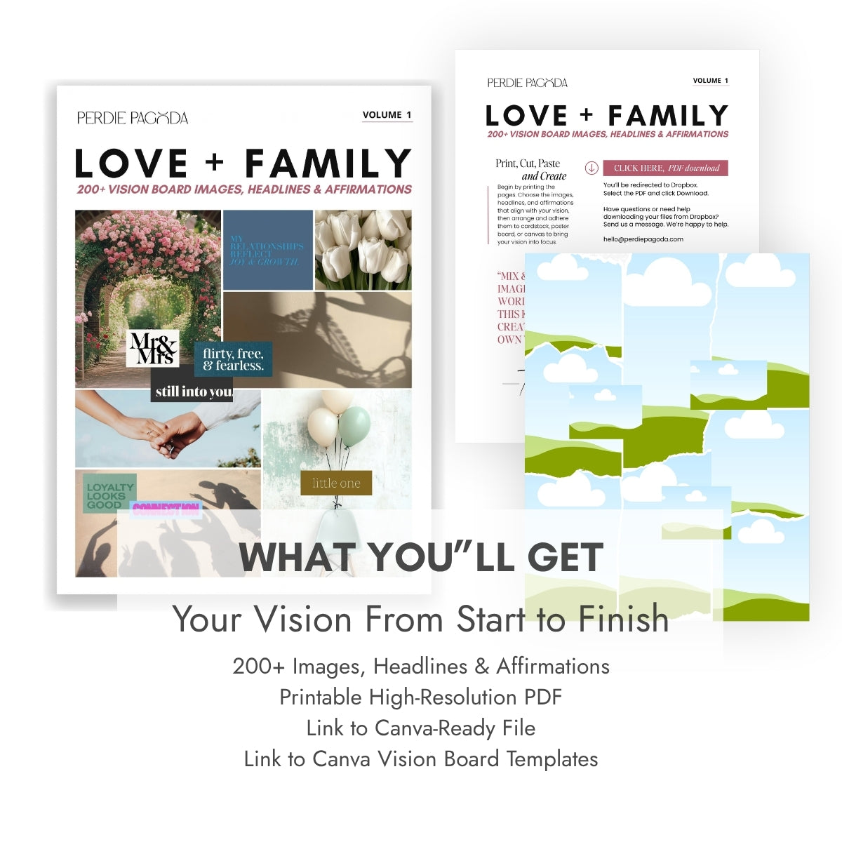 Perdie Pagoda Love + Family Volume 1 D-I-Y vision board kit featuring 200+ images, headlines and affirmations, a printable high-resolution PDF, Canva-ready file and editable Canva vision board templates.