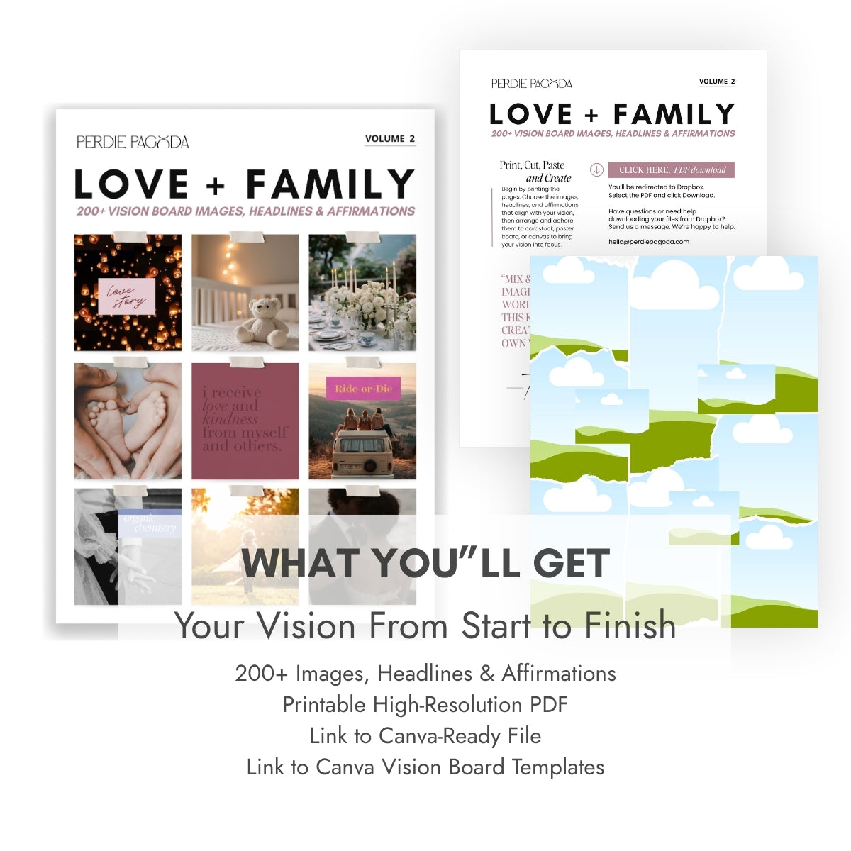 Perdie Pagoda Love + Family Volume 2 D-I-Y vision board kit featuring 200+ images, headlines and affirmations, a printable high-resolution PDF, Canva-ready file and editable Canva vision board templates.