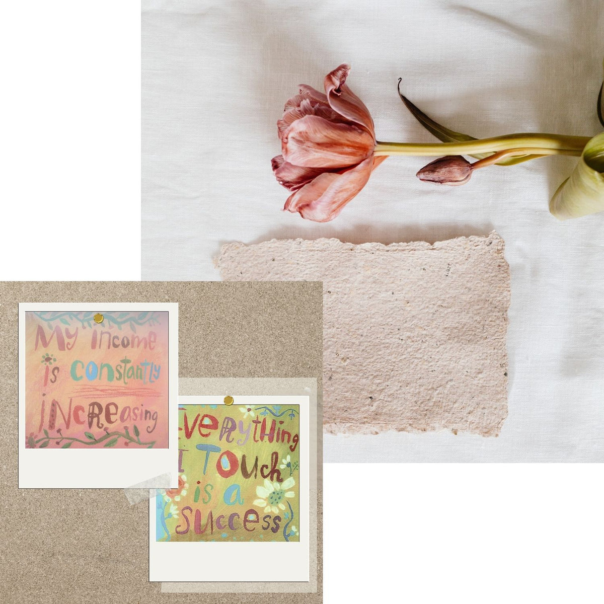 Louise Hay-inspired abundance affirmations displayed on colorful cards reading My Income Is Constantly Increasing and Everything I Touch Is a Success, beside a pink tulip.
