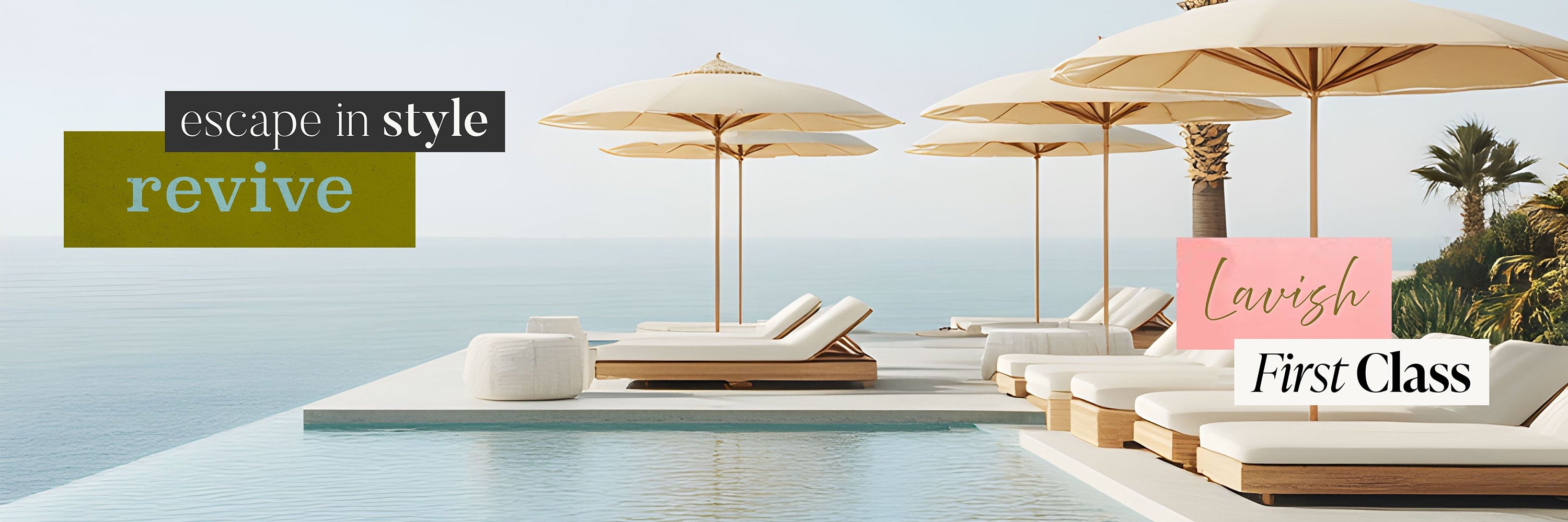 Modern oceanfront terrace with lounge seating and umbrellas, capturing a luxury travel escape and relaxing vacation lifestyle.