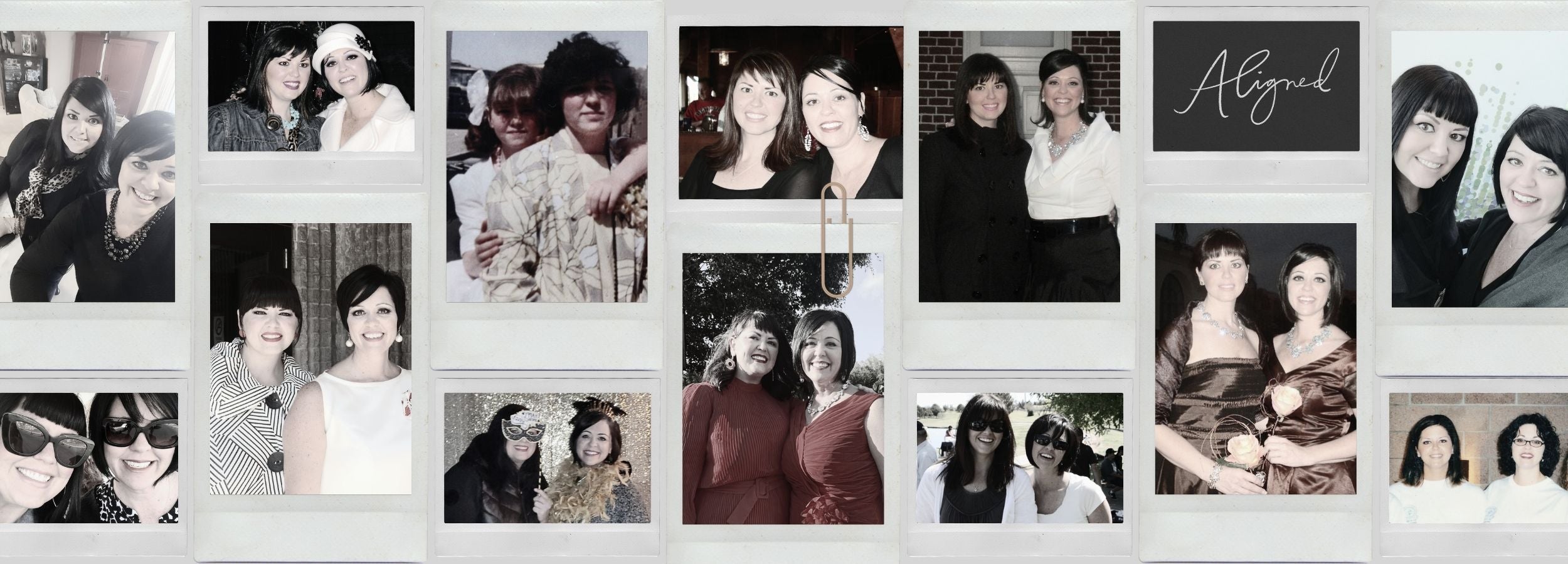 A curated collage of personal photographs showing two sisters across different life stages, reflecting the origin story and shared journey behind Perdie Pagoda.
