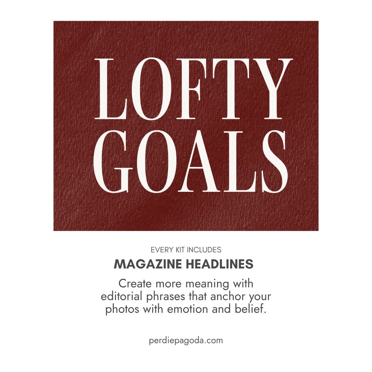 Editorial-style headline reading “lofty goals” in large serif type on a deep red textured background.