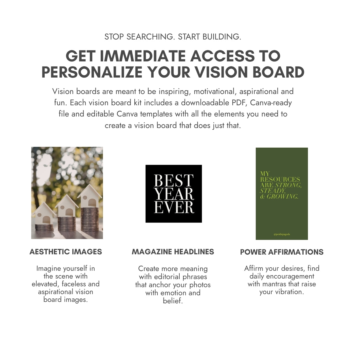 Perdie Pagoda Money + Career Volume 1 vision board kit featuring a luxury car interior, Lofty Goals magazine headline and an affirmation about attracting opportunities aligned with personal intentions.
