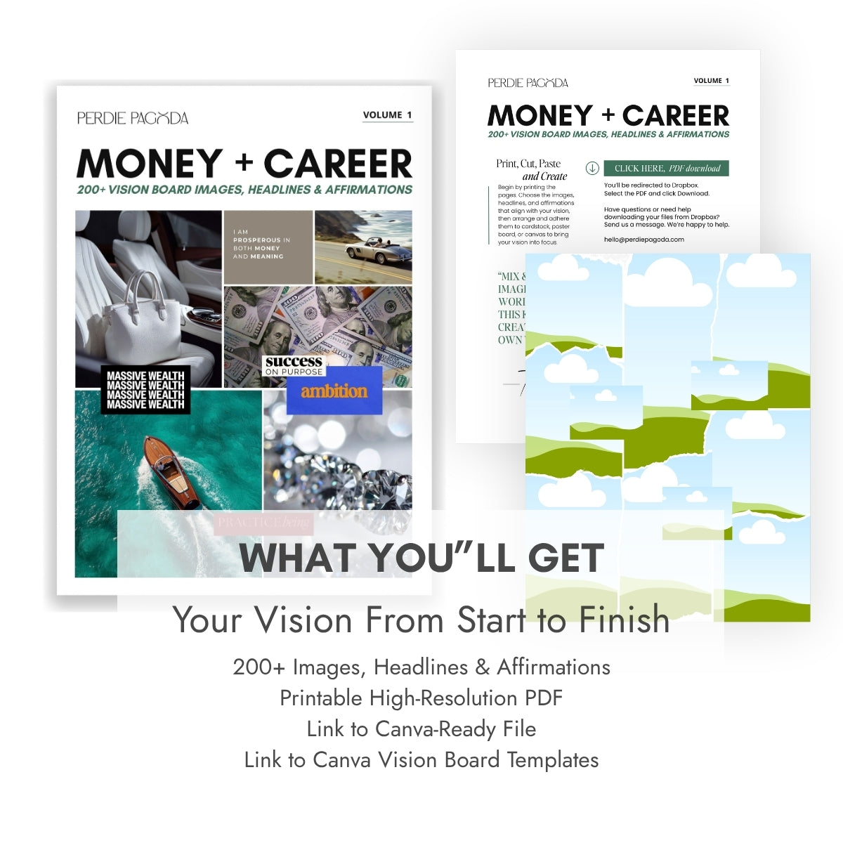 Perdie Pagoda Money + Career Volume 1 D-I-Y vision board kit featuring 200+ images, headlines and affirmations, a printable high-resolution PDF, Canva-ready file and editable Canva vision board templates.