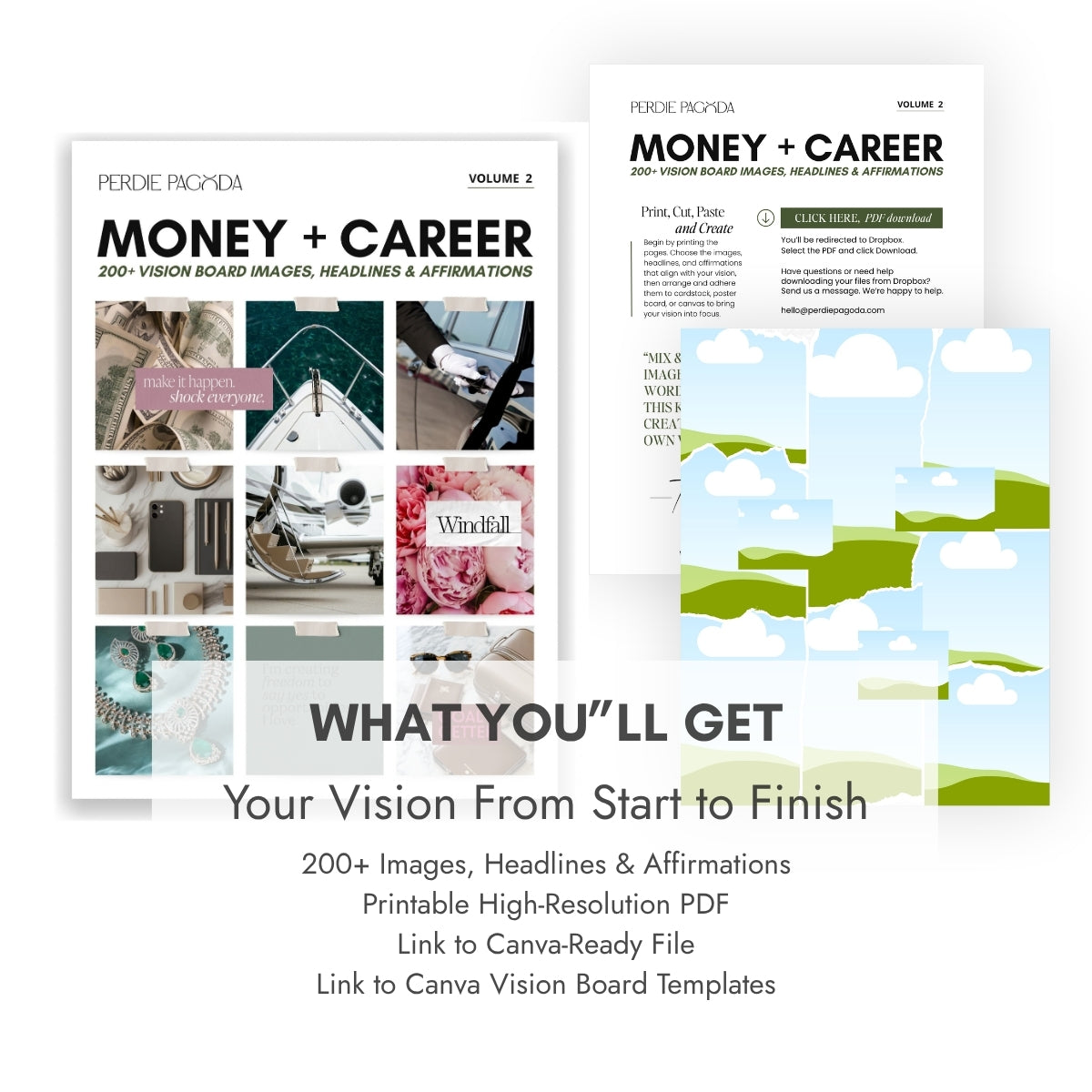 Perdie Pagoda Money + Career Volume 2 D-I-Y vision board kit featuring 200+ images, headlines and affirmations, a printable high-resolution PDF, Canva-ready file and editable Canva vision board templates.