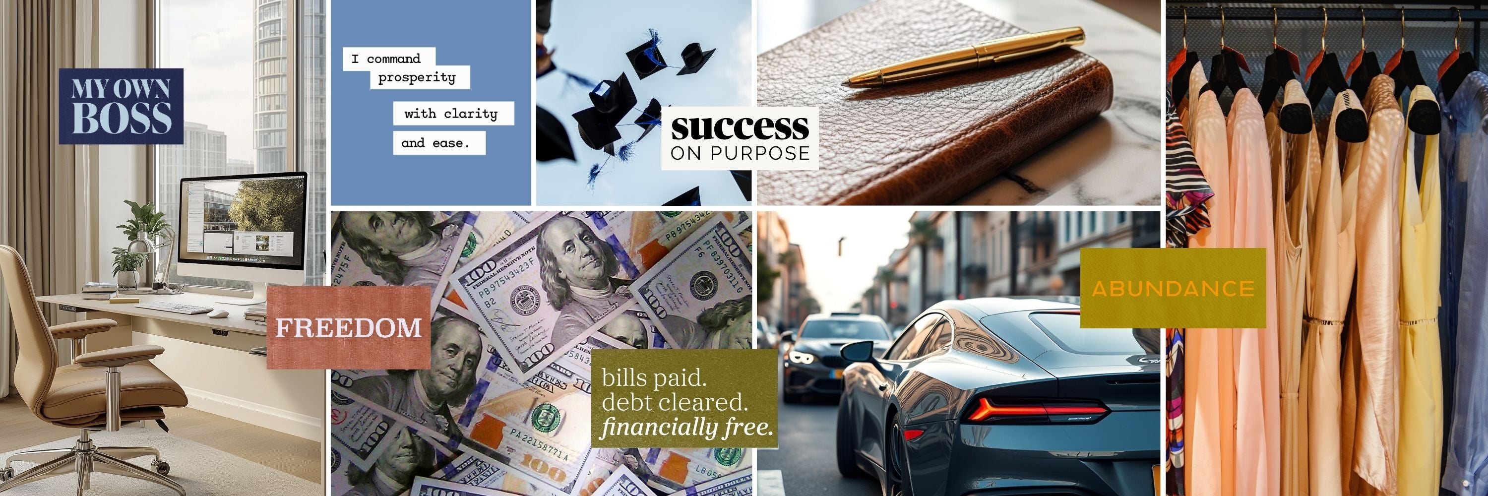 Editorial collage representing money and career through freedom, prosperity, ownership, success on purpose, and financial abundance within the Perdie Pagoda Money + Career Kit.