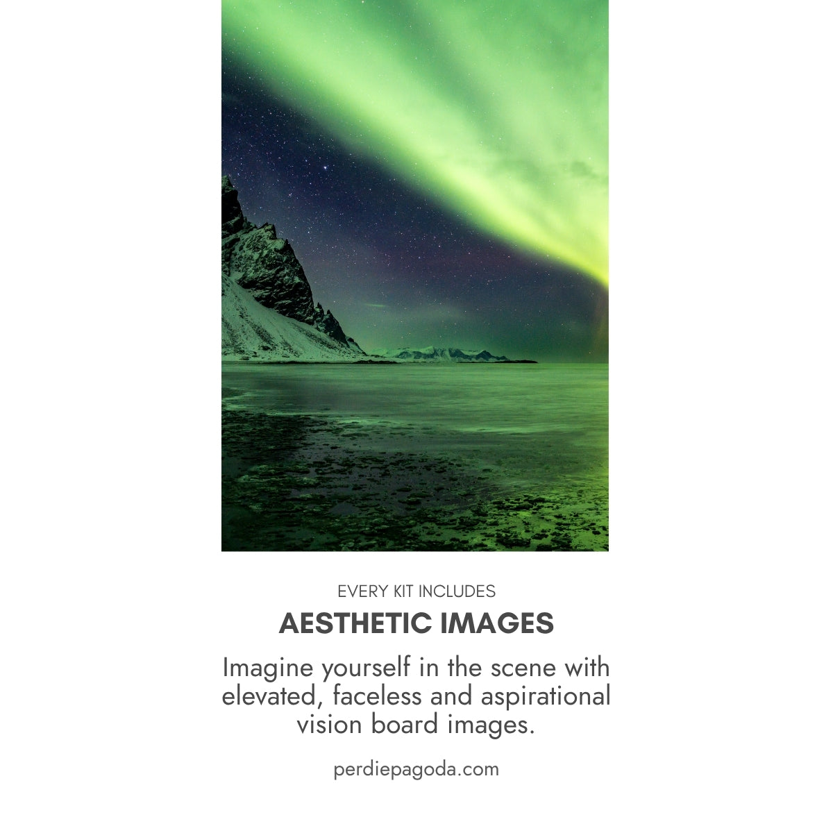 Travel and Adventure vision board image of the northern lights over a dramatic landscape with the phrase seeing stars, representing awe, wonder, and unforgettable travel moments.