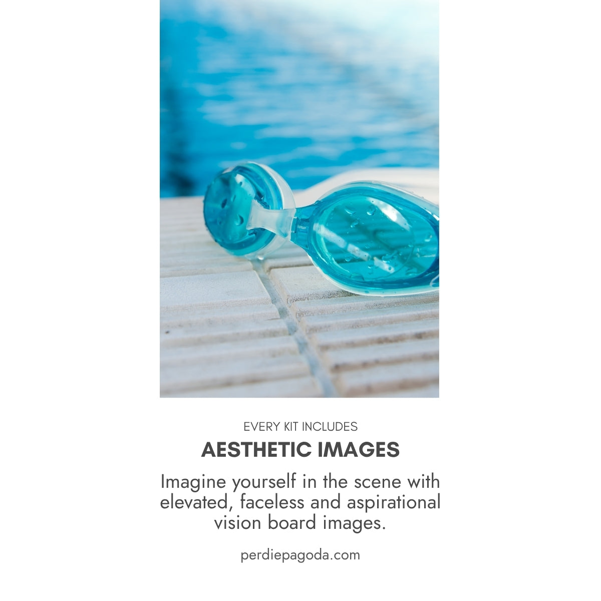 Minimal lifestyle image of swim goggles by water with the word ritual, representing daily wellness habits and grounding personal routines.
