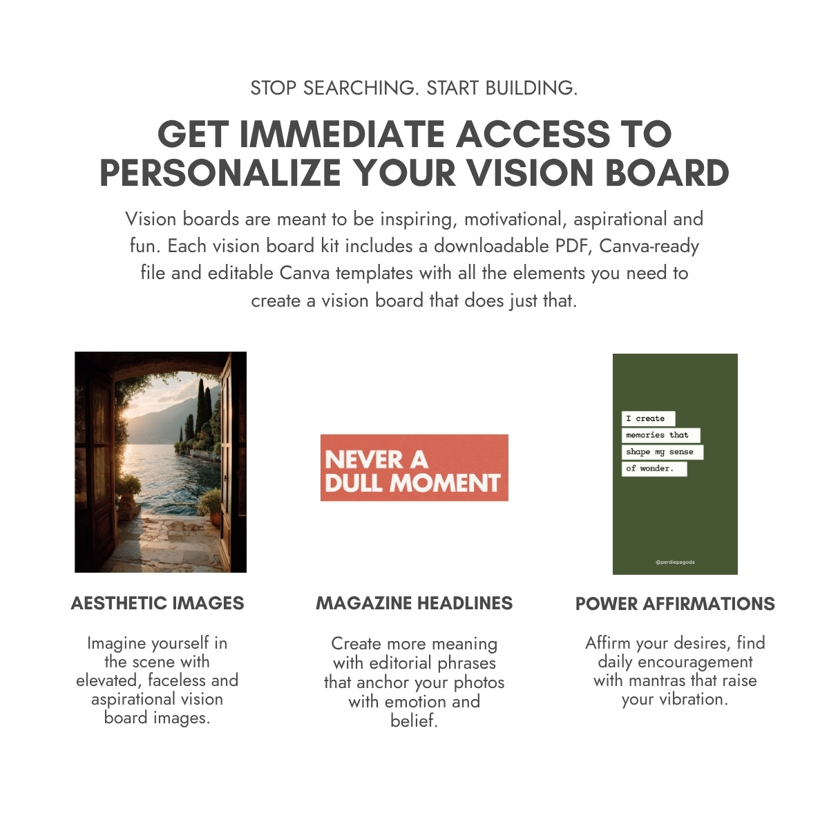 Perdie Pagoda Travel + Adventure Volume 2 vision board kit featuring the Great Wall of China, Big Plans magazine headline and an affirmation about creating freedom for spontaneous trips.