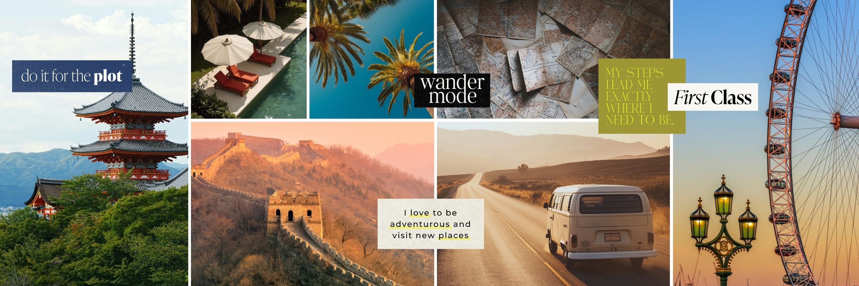 Editorial collage representing travel and adventure through global destinations, exploration, curiosity, and intentional movement within the Perdie Pagoda Travel + Adventure Kit.