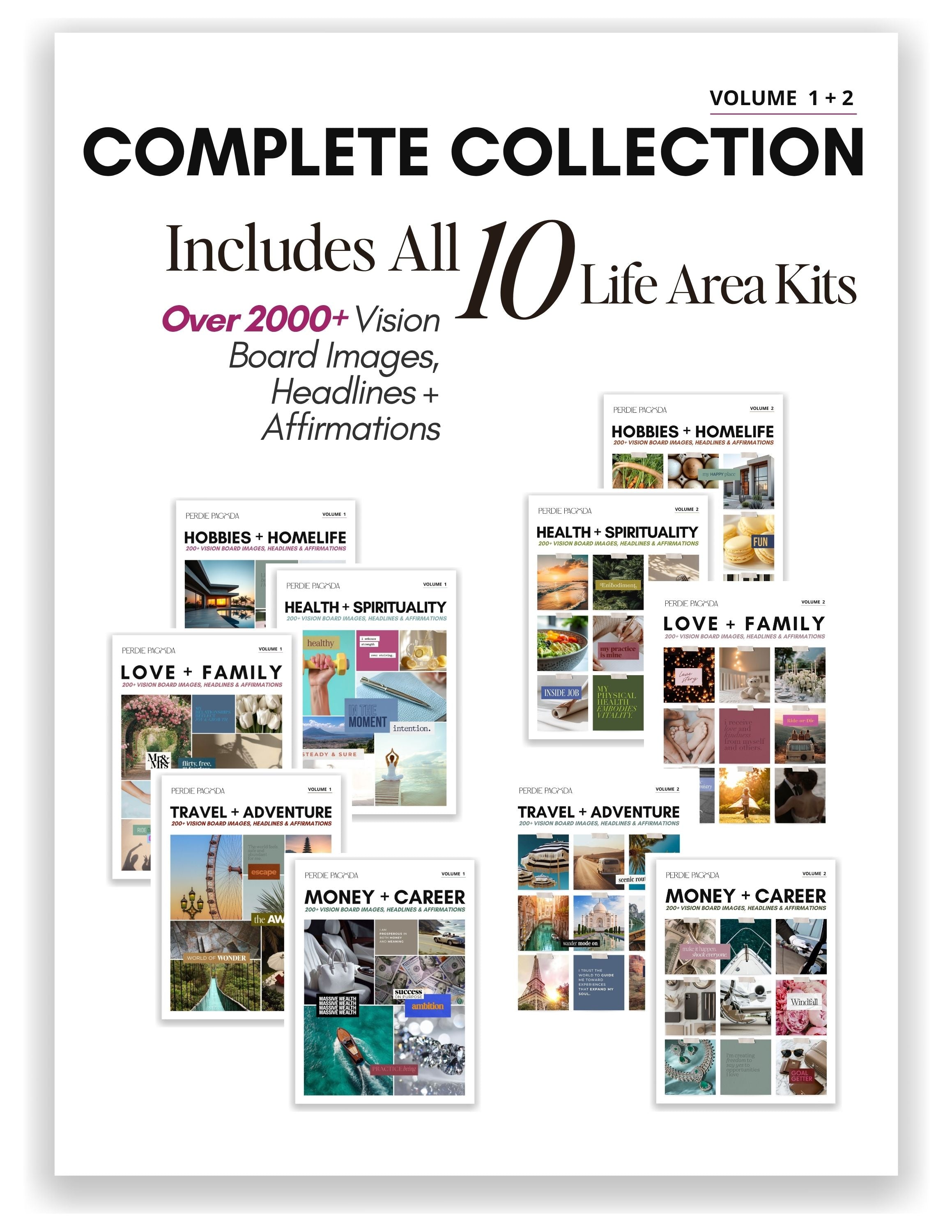 Complete vision board kit bundle volumes 1 and 2 including all life areas with over 2000 images, affirmations, and headlines for digital or printable vision boards