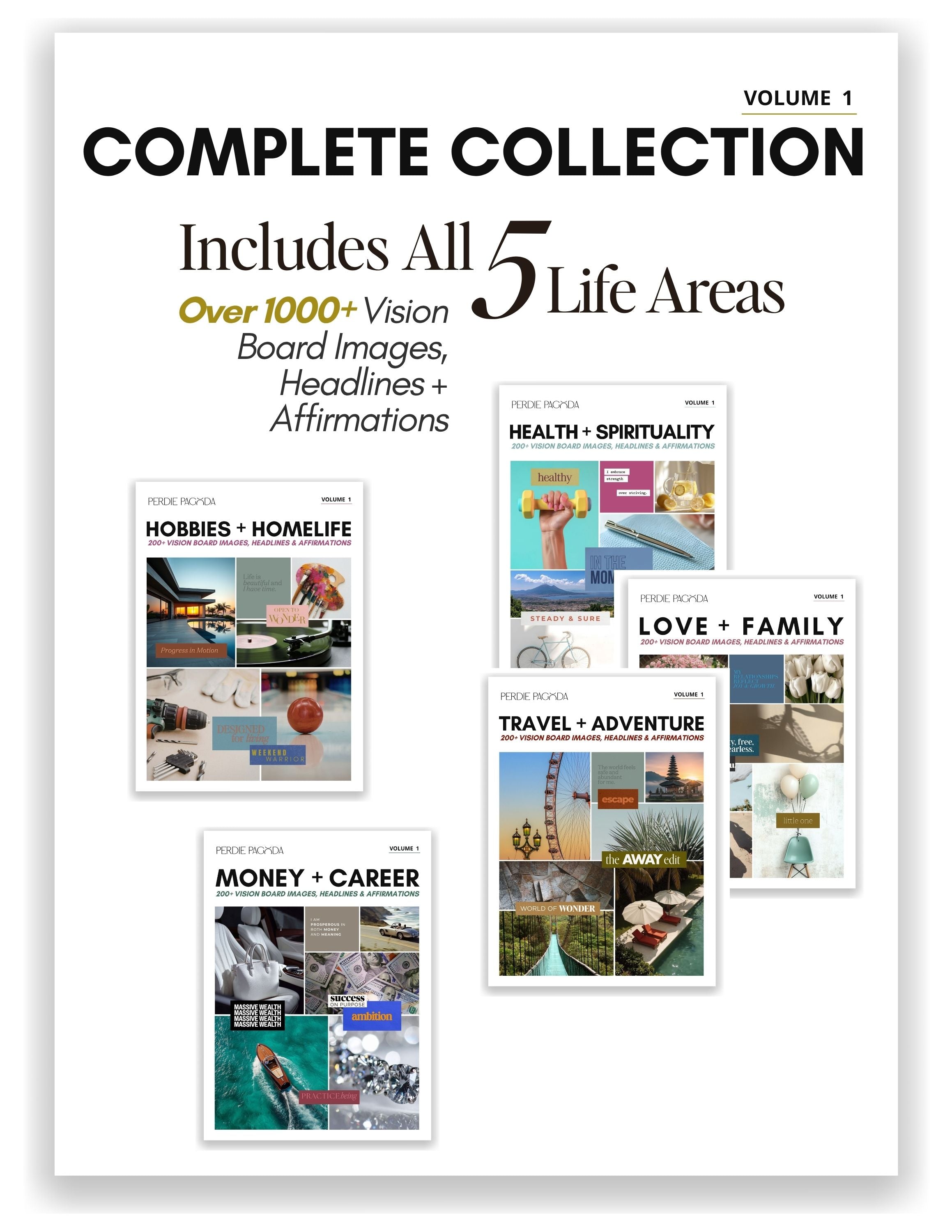 Vision board kit volume 1 with 5 life areas and over 1000 images, affirmations, and headlines for creating a personalized digital or printable vision board