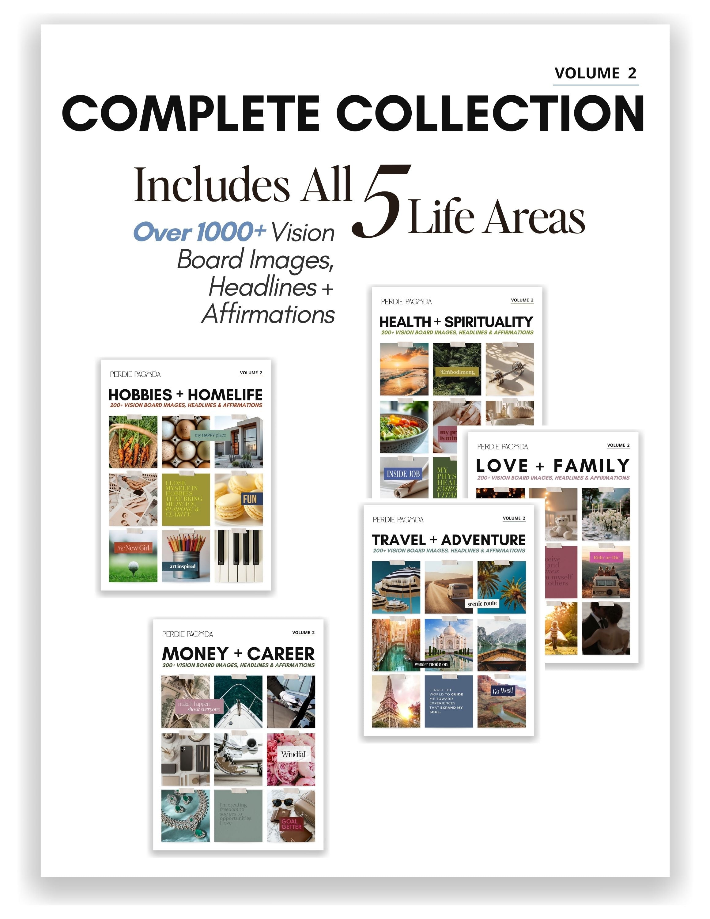 Vision board kit volume 2 featuring 5 life areas with over 1000 images, affirmations, and headlines for manifestation and goal setting vision boards