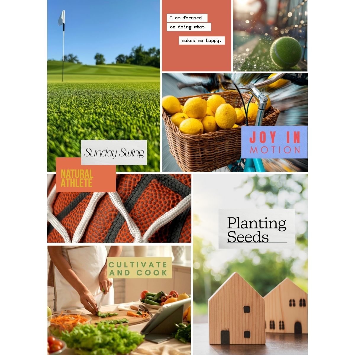 Vision board images featuring golf fitness cooking home life and personal goals with lifestyle inspiration and affirmations.