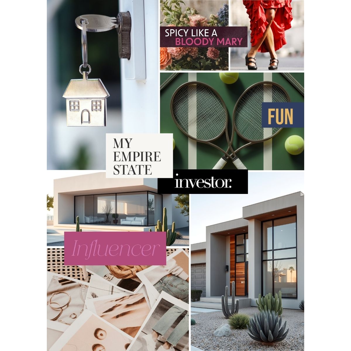 Vision board collage featuring home ownership symbolism, modern architecture, creative hobbies, and words like influencer, investor, and my empire state, representing aspirational hobbies and elevated home life goals.