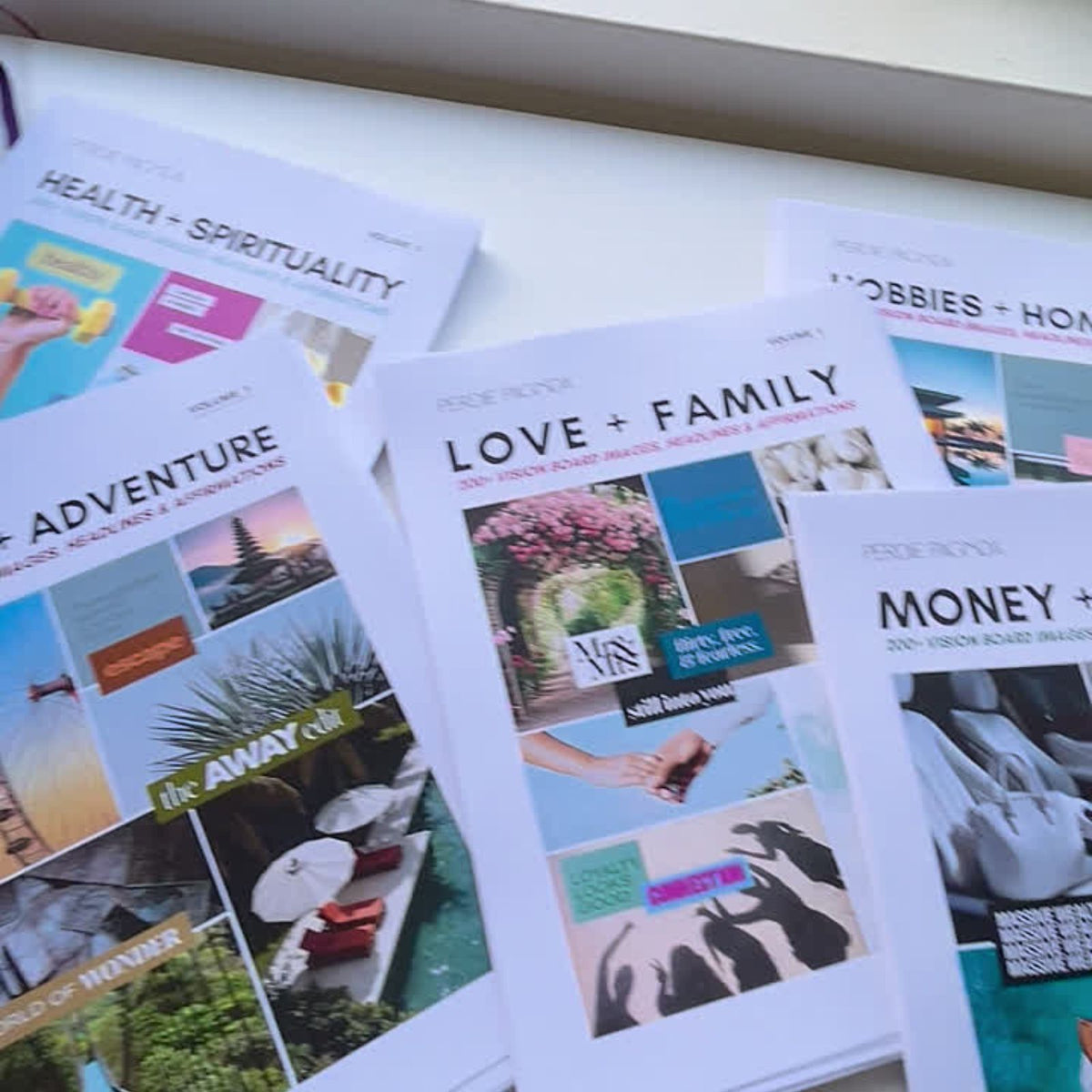 Perdie Pagoda printable vision board kits for Travel and Adventure, Health and Spirituality, Love and Family, Hobbies and Homelife, and Money and Career.
