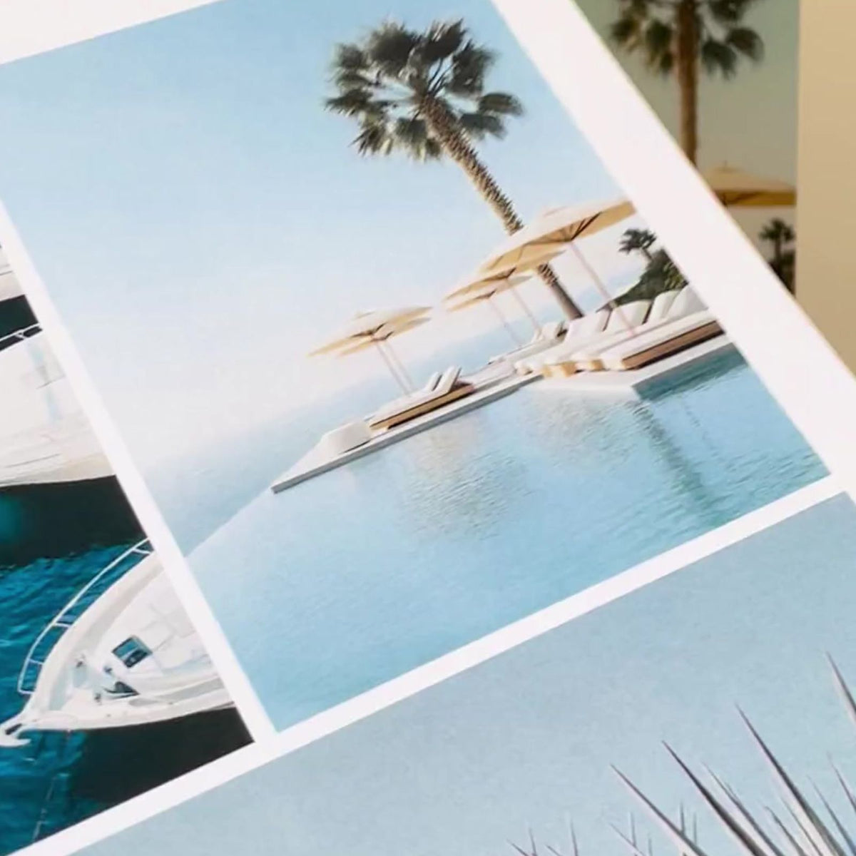 Close-up of a Perdie Pagoda vision board image featuring a resort pool, palm trees and ocean view for travel and lifestyle inspiration.