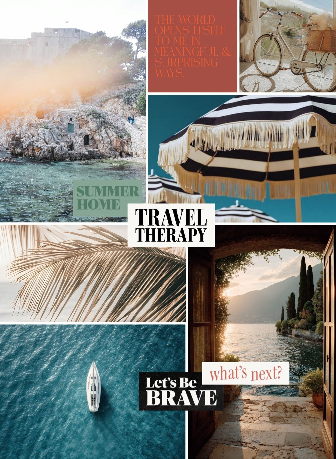 Travel and Adventure vision board collage featuring coastal escapes, summer homes, ocean views, and the phrase travel therapy, inspiring restorative travel and soulful exploration.