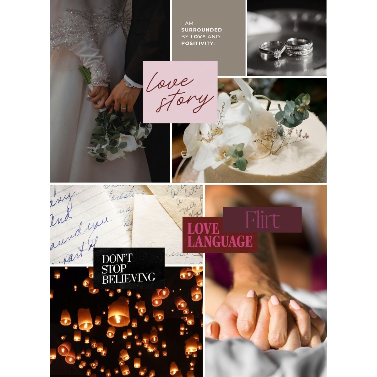 Vision board collage featuring wedding, romance, and relationships with themes of love language, connection, and meaningful partnership.