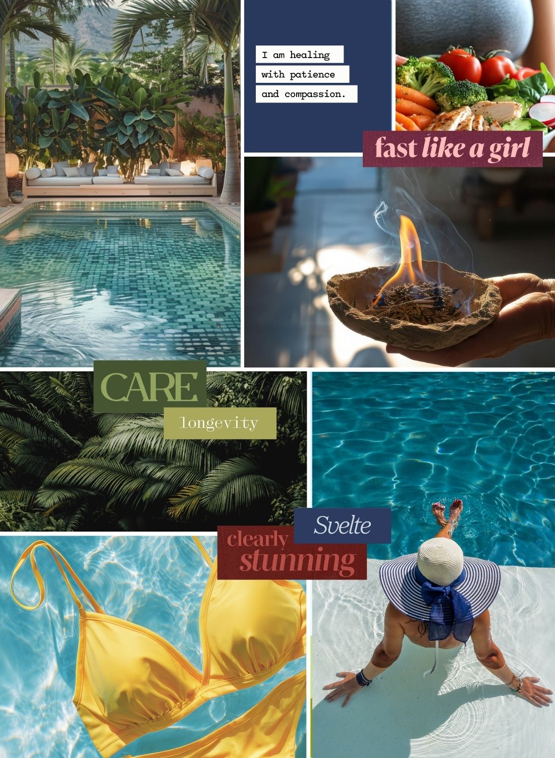 Luxury wellness vision board highlighting self love, body care, relaxation, and soulful daily rituals.